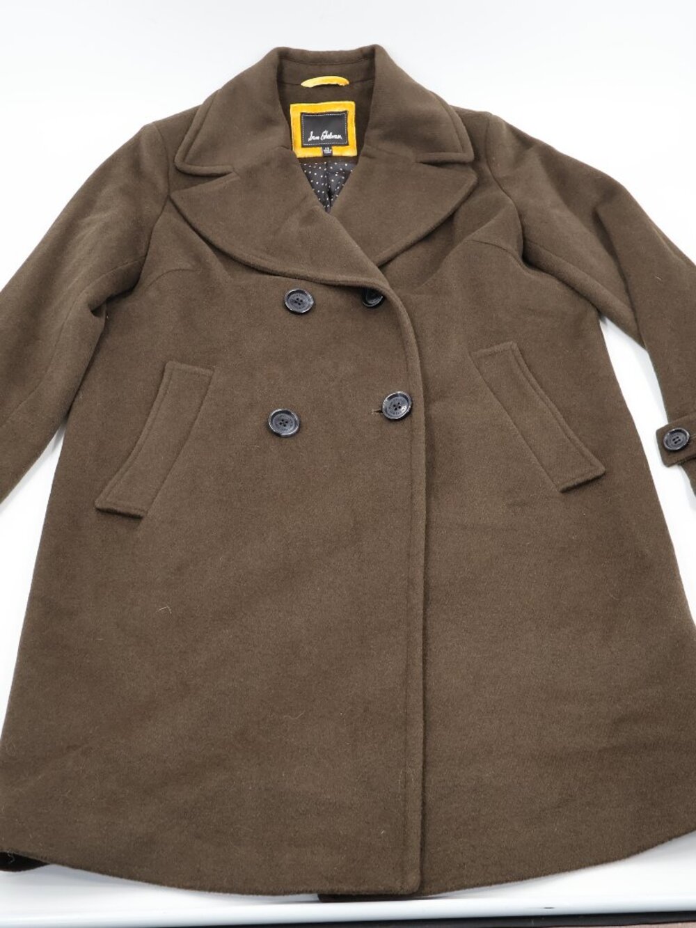 Sam Edelman Pea Coat Womens 14 Brown Wool Blend Double Breasted Polka Dot Lining